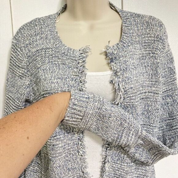 ANN TAYLOR Loft Fringe Sweater Cardigan Jacket Blue Gray Marled Womens Medium - Picture 2 of 12